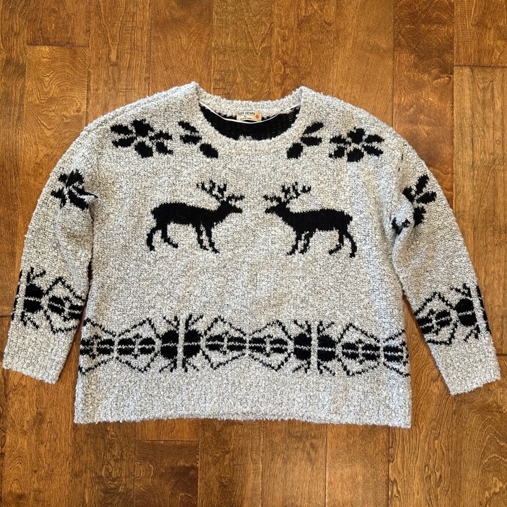 New Ruff Hewn Fair Isle Elk Deer Wool Blend Knit Sweater Womens XL Gray‎ Black
